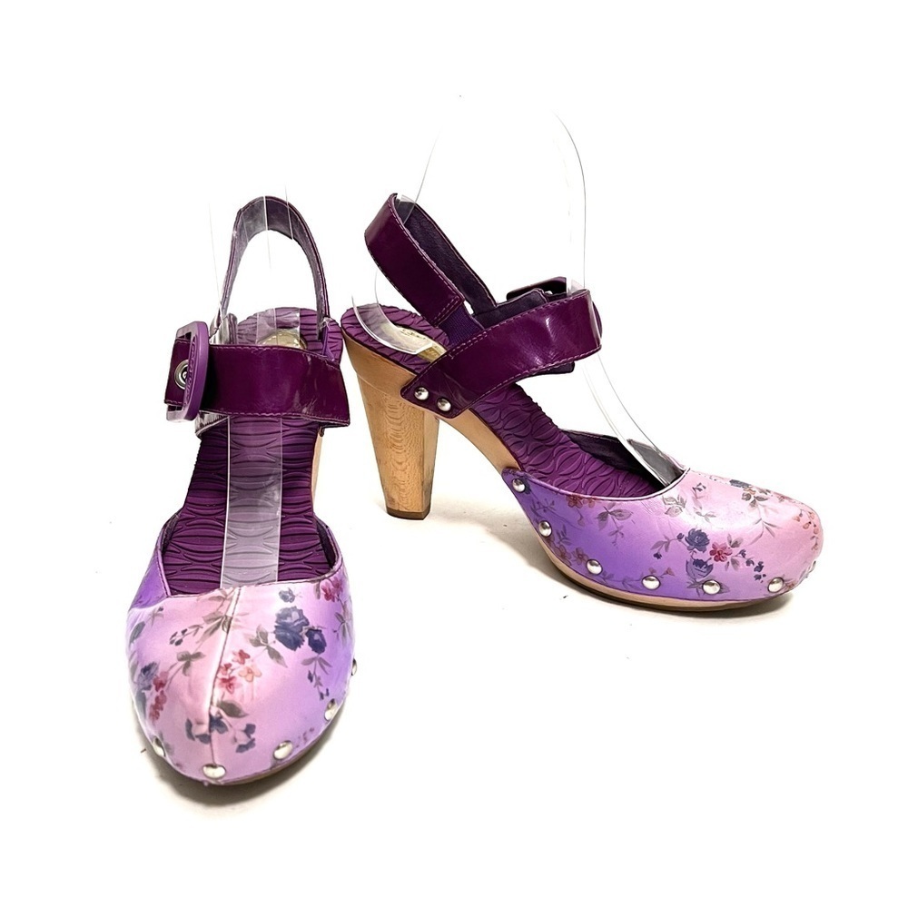 Vintage Y2K purple floral leather strappy heeled wooden clogs - Picture 4 of 8